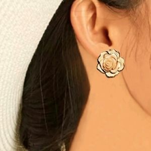 Gold Edged White & Pink Porcelain Camelias 1"in  Post Earrings